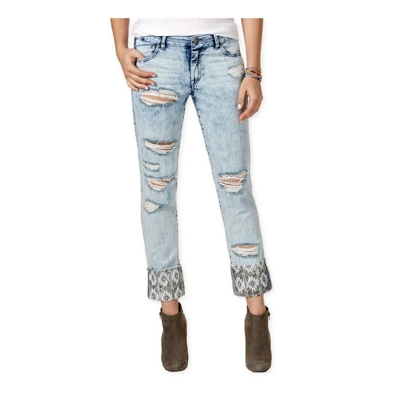 ladies minimalist attire-Rewash Womens Ripped Print-Cuff Slim Fit Jeans