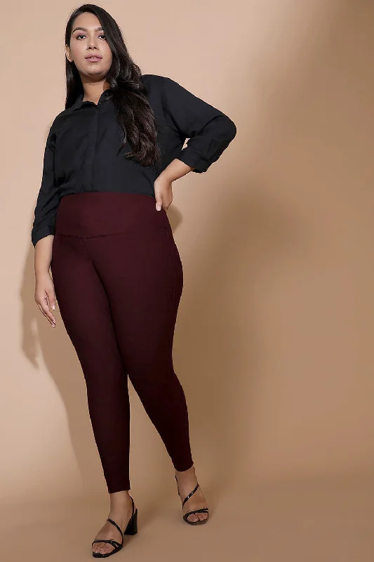 female denim wrap dresses-Wine Red Tummy Tucker Jeggings