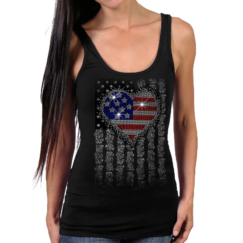 women’s quilted bombers-Hot Leathers GLR2559 Ladies Black Heart Bling Flag Tank Top Shirt