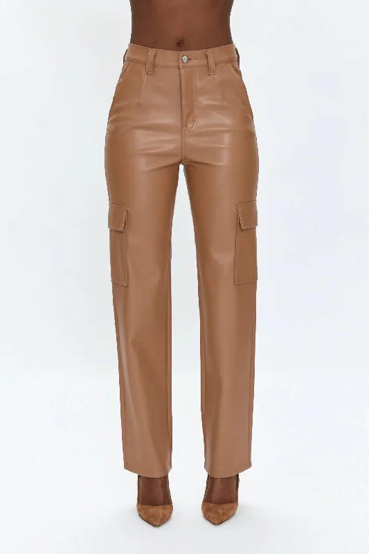 female denim pleated skirts-Cassie Vegan Leather Cargo Pant In Almond