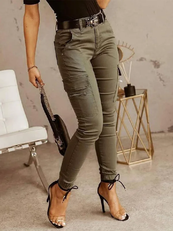 female denim cargo skirts-High Rise Skinny Cargo Pants