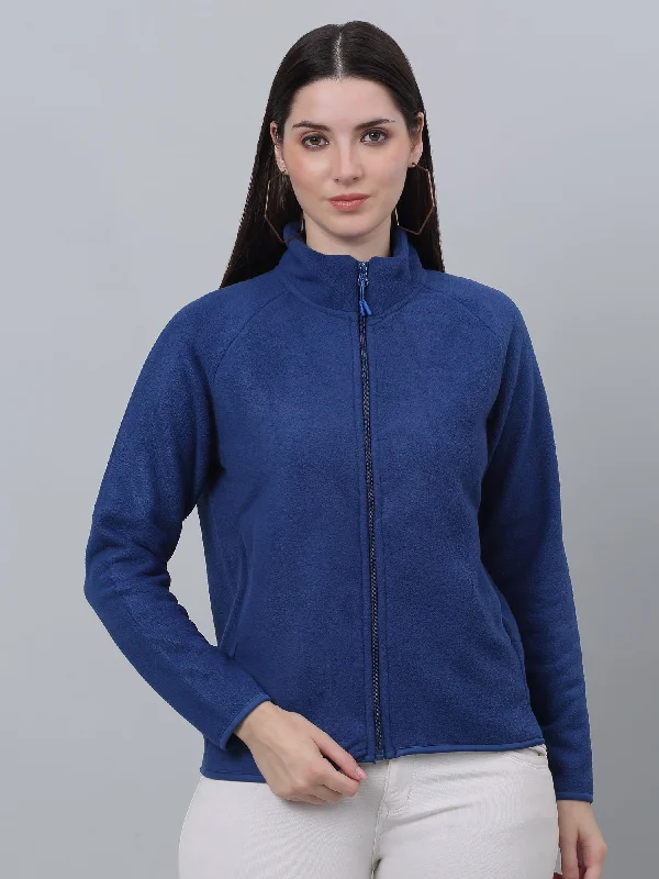 women’s ribbed pullovers-Women's Casual  Royal Blue Raglan Full Sleeve Zipthru  Fleece Sweatshirt