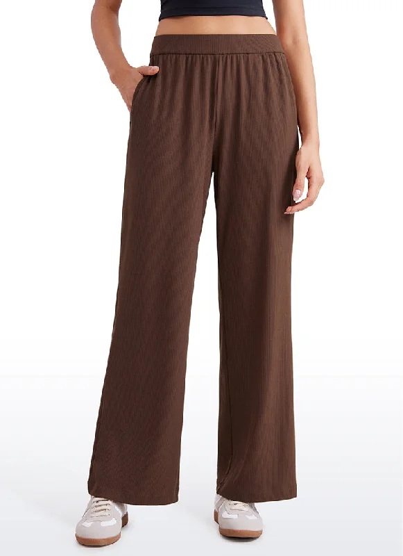 ladies peep-toe flats-Ribbed High Rise Wide Leg Sweatpants with Pockets 30.5"