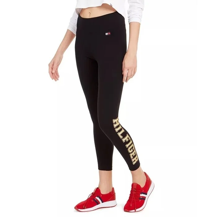 women’s ribbed pullovers-Tommy Hilfiger Sport Women's Cropped Leggings Black Size Medium