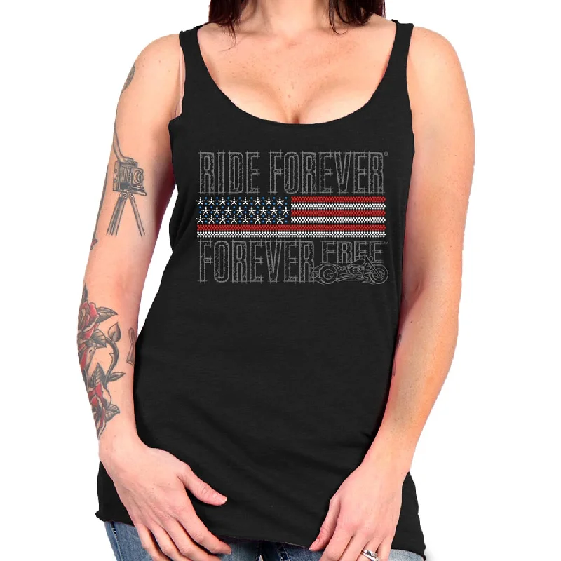 women’s cropped tees-Hot Leathers GLC2443 Ladies 'Ride Forever, Forever Free' US Flag with Bling Black Tank Top Shirt