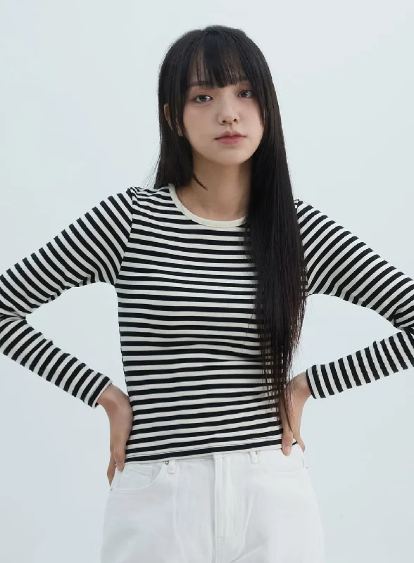 women’s active tees-Slim Fit Striped Long Sleeve Top ON309