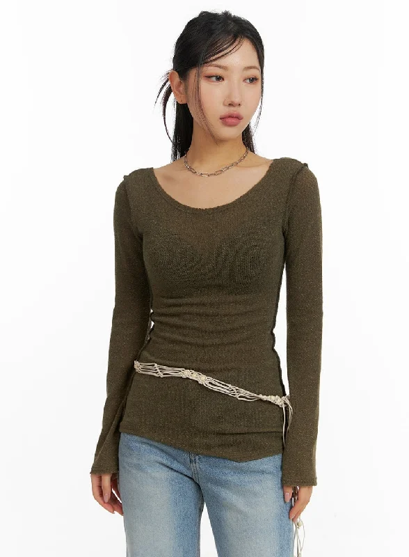 women’s hooded vests-U-Neck Stitch Detail Long Sleeve CM411