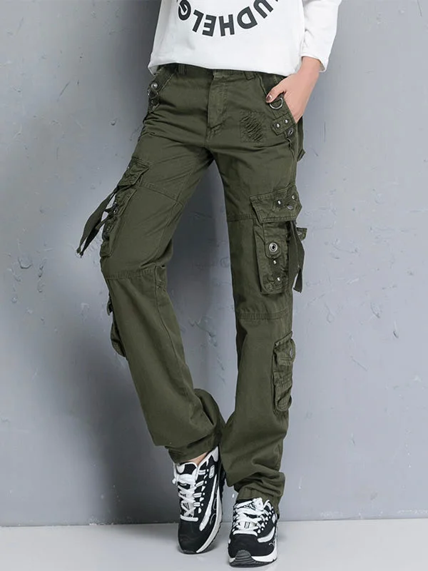 female studded blouses-Military Combat Multi-pocket Straight Loose Cargo Pants