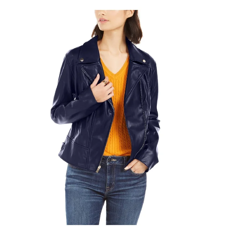 female velvet blouses-Tommy Hilfiger Women's Faux Leather Motorcycle Jacket Blue Size X-Small