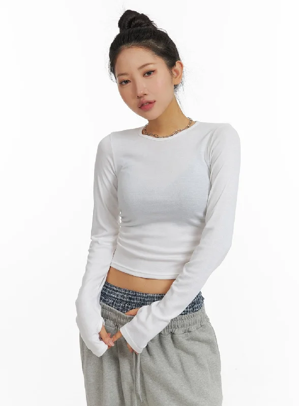 women’s whiskered jeans-Solid Long Sleeve Crop Top CM408