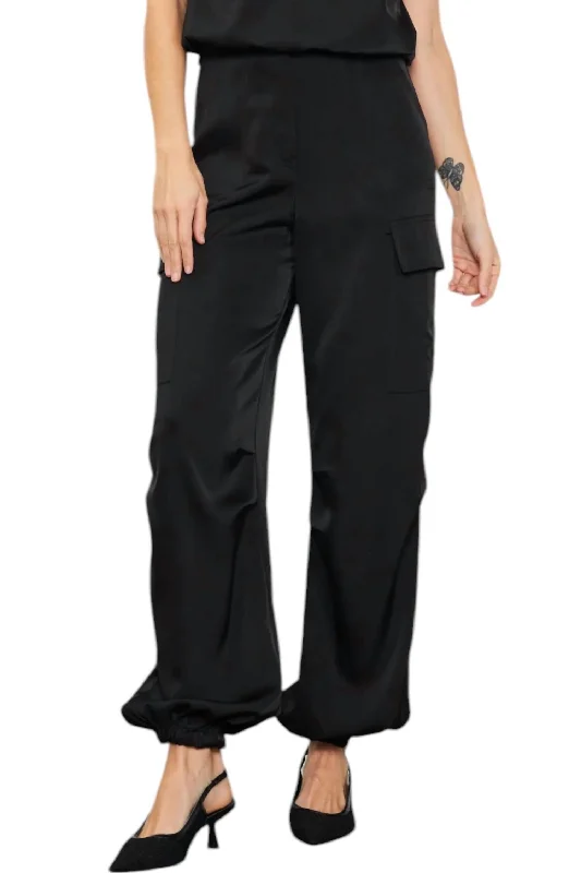 women’s cropped pullovers-Satin Cargo Pants In Black