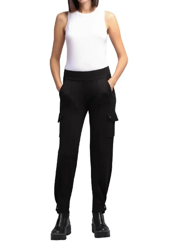 women’s double-breasted vests-Cotton Blend Pleated Snap Leg Pant In Black