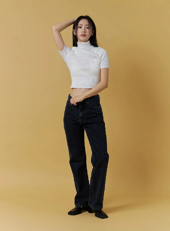 female velvet tops-Straight Fit Black Jeans OO331