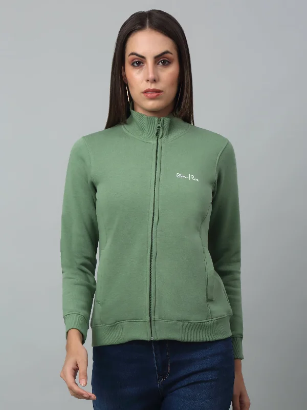 women’s puffer vests-Women's Casual  Green Regular Full Sleeve Zipthru  Sweatshirt