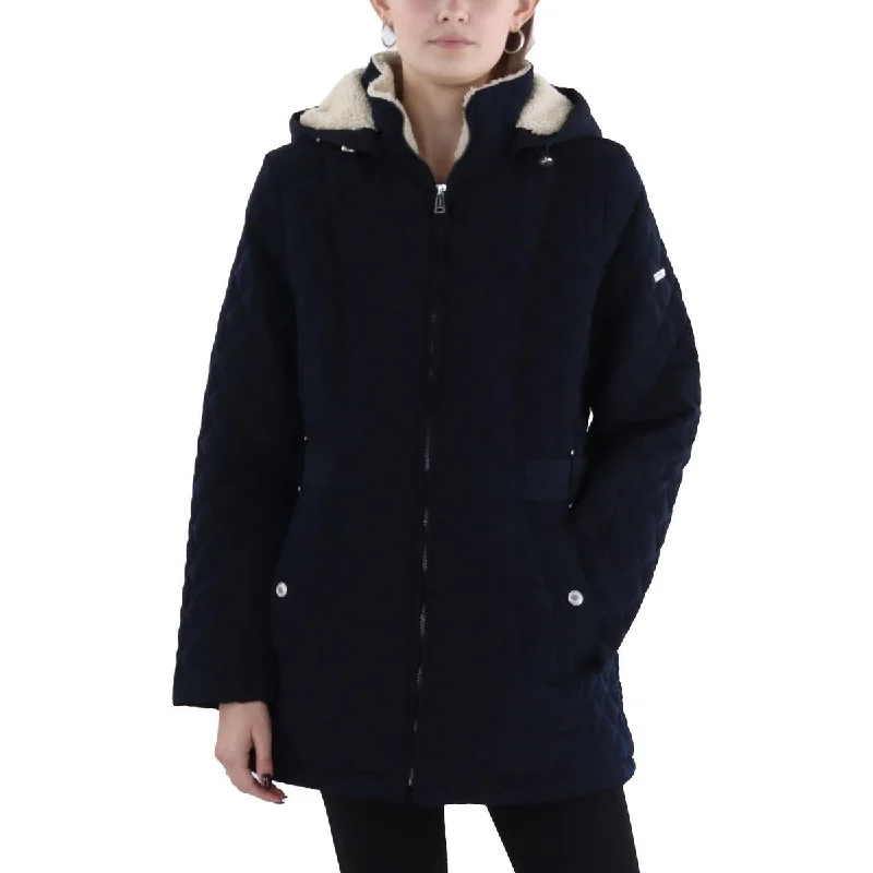 female quilted bombers-Laundry by Shelli Segal Womens Faux Fur Hooded Quilted Coat