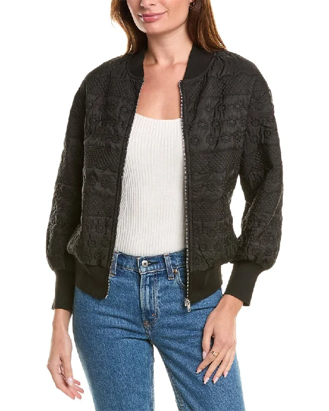 women’s cashmere sweaters-Gracia Floral Embossed Zip-Up Bomber Jacket