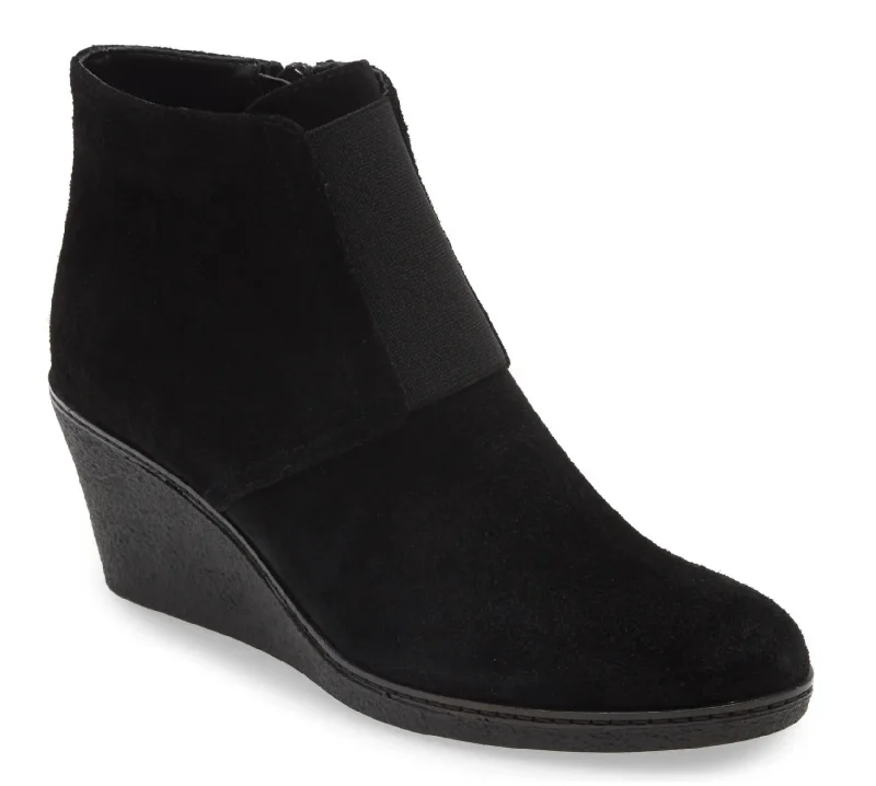 women's cream knee-high heels-Moira Wedge Booties In Black Suede