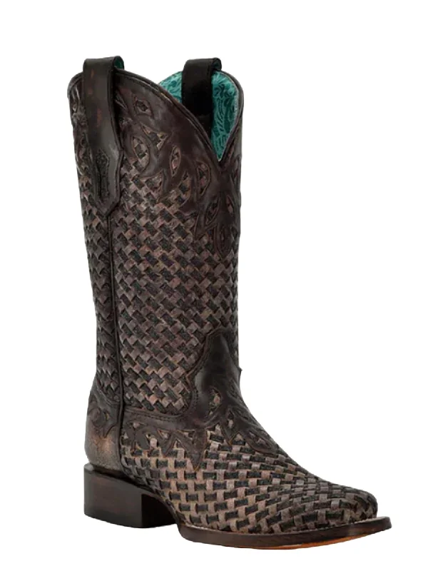 women's responsive tennis shoes-Women's Glitter Woven Overlay Square Toe Cowboy Boot In Chocolate