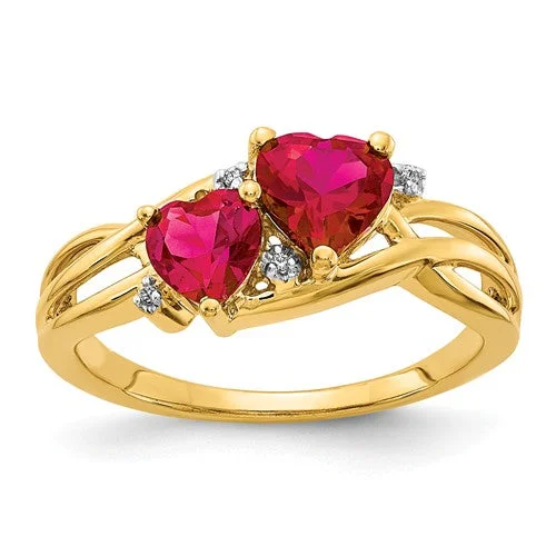 14k Yellow Gold Lab Created Ruby And Diamond Double Heart Ring