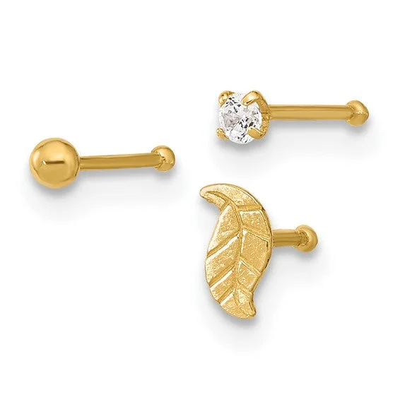 14k Yellow Gold Solid Leaf, Ball And CZ Post Nose Ring Set