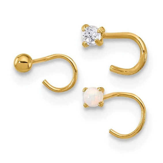 14k Yellow Gold Solid Round CZ,  Opal And Ball Nose Ring Post Set