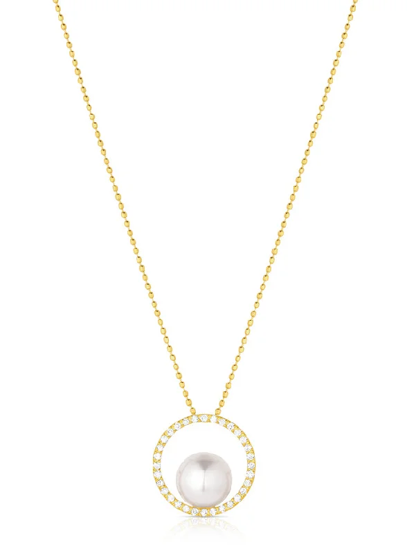 minimalist aquamarine rings-18K Yellow Gold 7.5-8mm Cultured Akoya Pearl & Diamond Open Circle Necklace