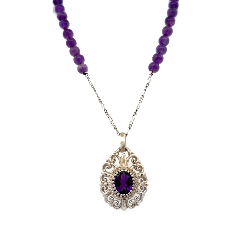 Estate 14K Gold 2.19ctw Amethyst Filigree Drop Necklace