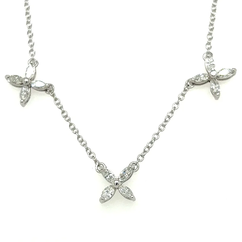 Estate 14K White Gold 0.50ctw Marquise Diamond Flower Station Necklace