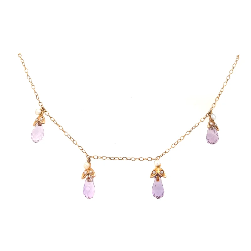 Estate 14K Yellow Gold Briolette Amethyst & Seed Pearl Victorian Station Necklace