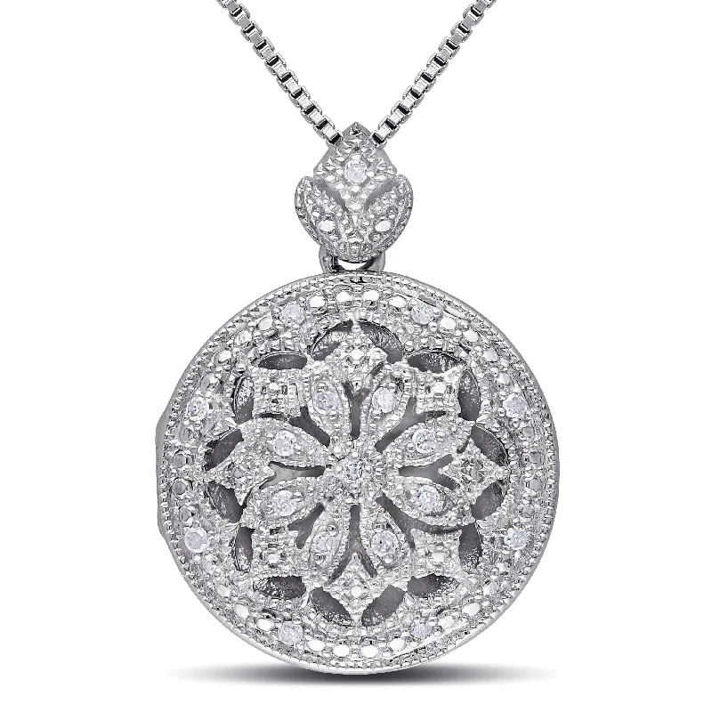 gold star drop pendants-Miadora Sterling Silver 1/10ct TDW Diamond Vintage Floral Locket Necklace - 23.7 mm x 18 in x 17.1 mm