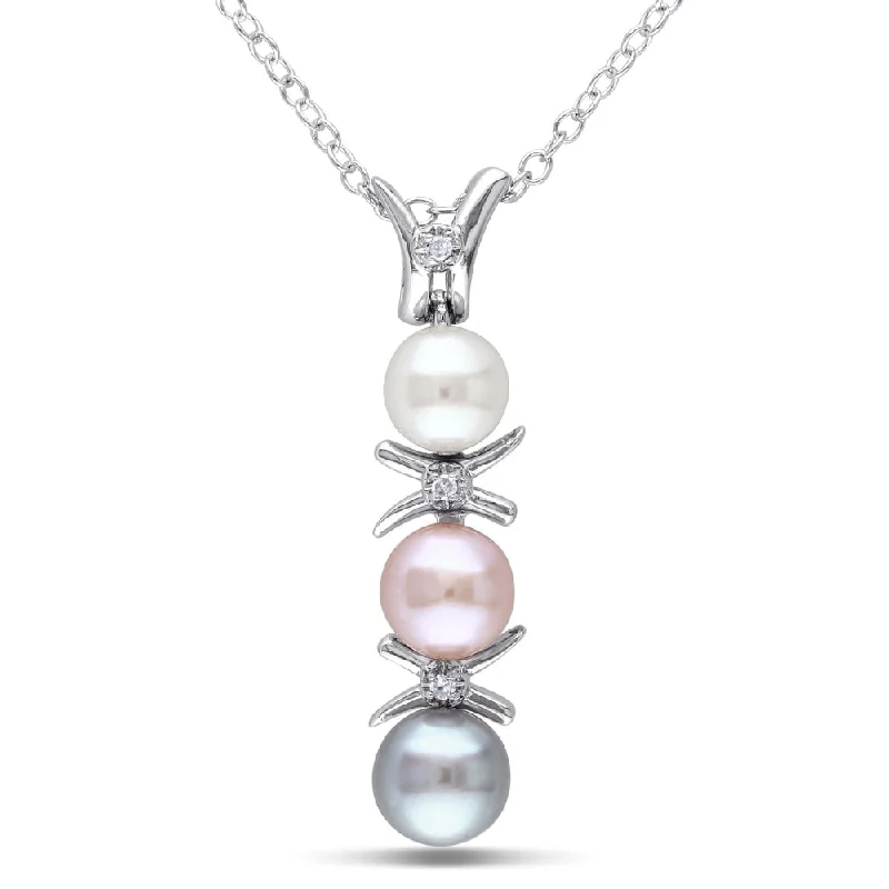 minimalist platinum necklaces-Miadora Sterling Silver Cultured Freshwater Pearl and Diamond Accent Drop Necklace (4.5-6 mm)