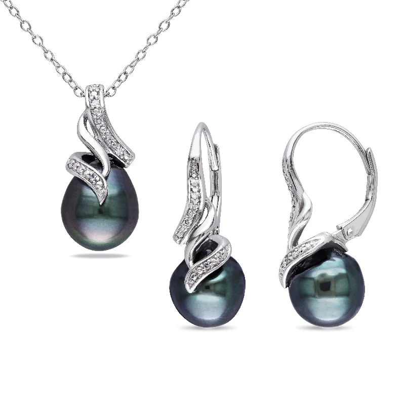 Miadora Sterling Silver Tahitian Pearl Diamond Accent Swirl Drop Jewelry Set (9-9.5 mm) - 21.4 mm x 10.1 mm - 21.4 mm x 10.1 mm