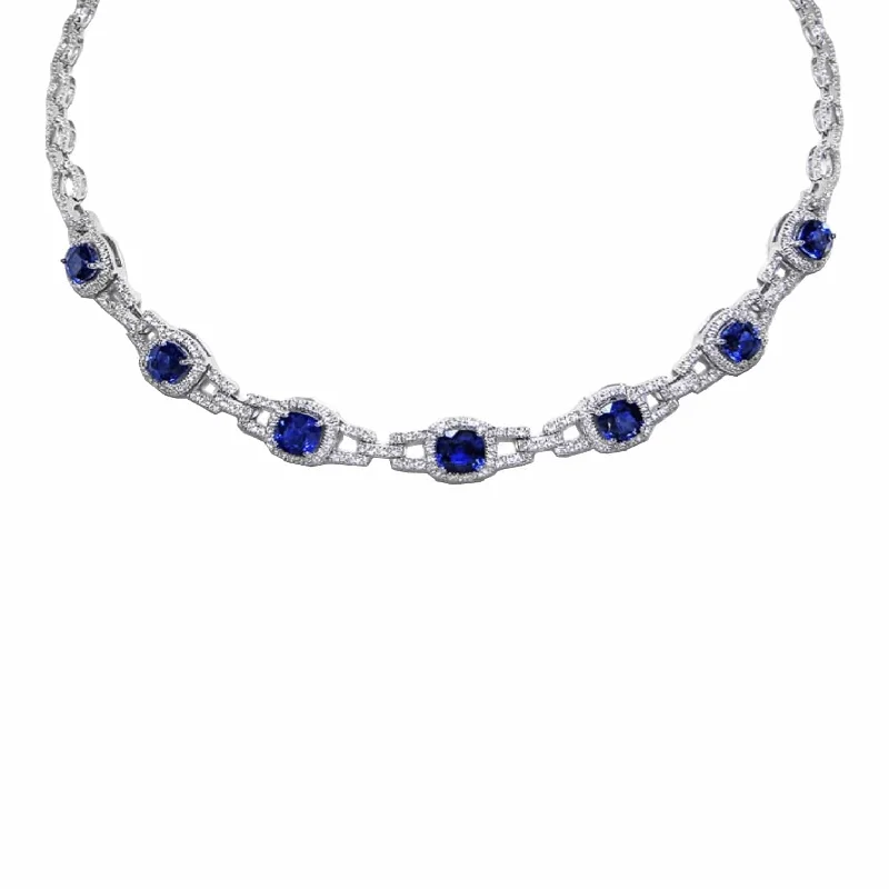 pearl knot stud necklaces-Sri Lanka Blue Sapphire & Diamond Chain Link Necklace