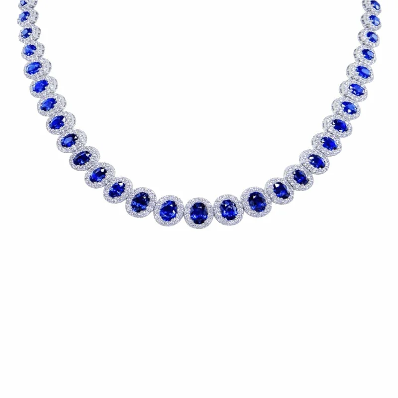 initial gold star choker pendants-Blue Sapphire & Diamond Graduated Halo Necklace