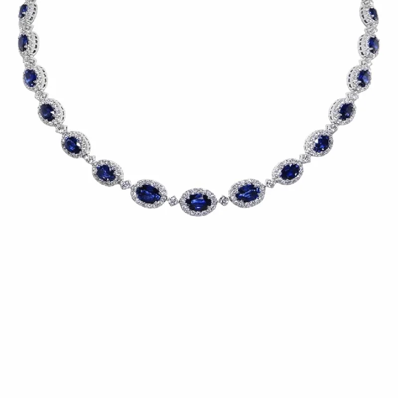 handmade coral choker pendants-Sri Lanka Blue Sapphire & Diamond Graduated Halo Necklace