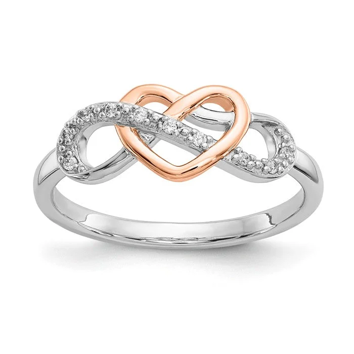 Sterling Silver or 10k White Gold with Rose Gold Diamond Heart Infinity Ring