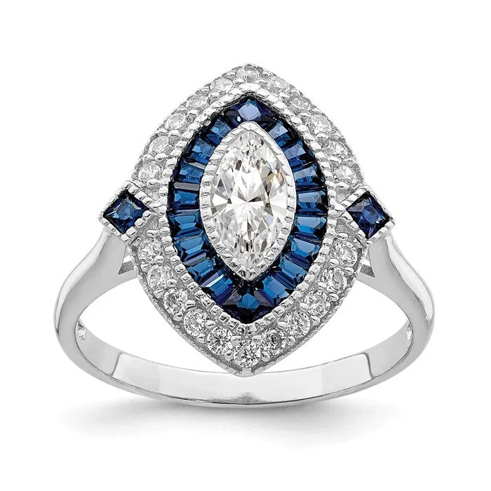 Sterling Silver Created Blue Spinel And CZ Marquise Halo Ring