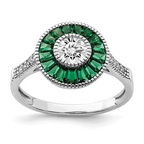 Sterling Silver Created Green Spinel And CZ Halo Ring