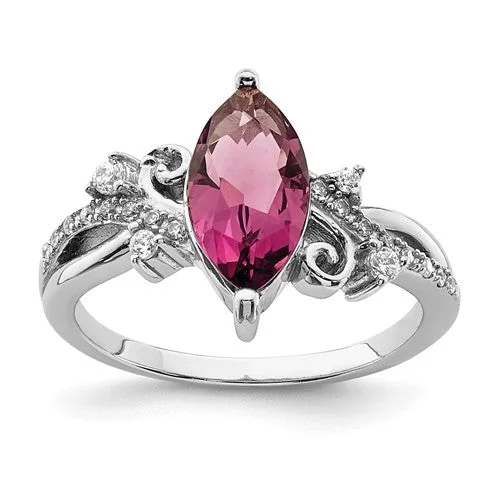 Sterling Silver Purple Glass Marquise Stone And CZ Ring