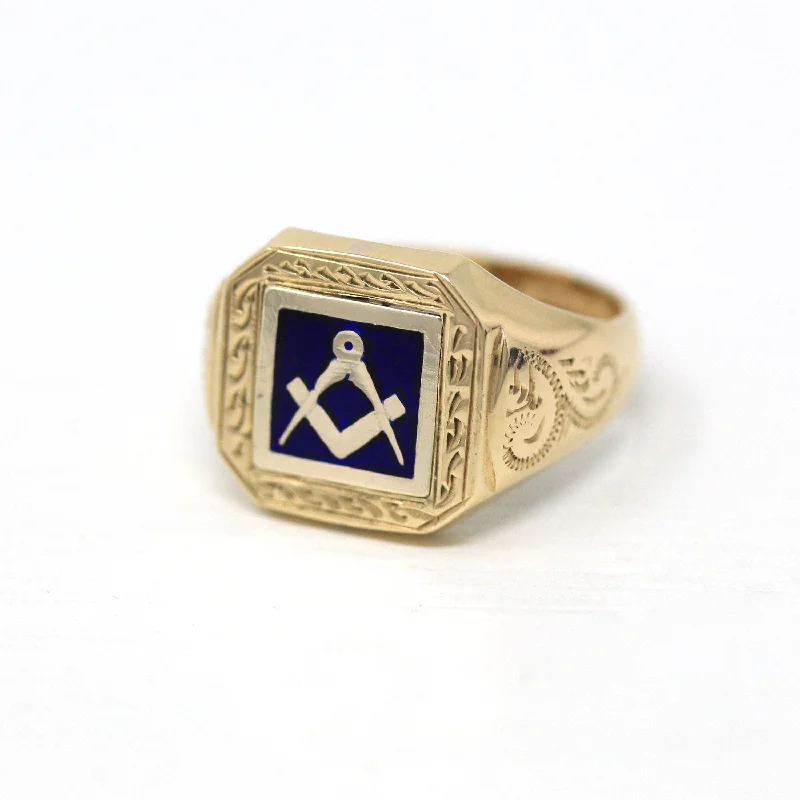 silver jet drop pendants-Sale - Masonic Flip Ring - 9k Yellow Gold Secret Signet Blue Enamel Statement - Vintage Circa 1980s Size 6 Square Compass Freemason Jewelry