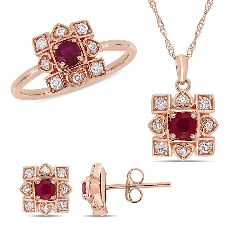 gothic morganite chokers-Miadora 10k Rose Gold Ruby and 5/8ct TDW Diamond Artisanal Halo Jewelry Set