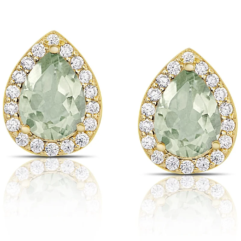 luxury tourmaline drop pendants-Dolce Giavonna Gold over Sterling Silver Green Amethyst and Cubic Zirconia Teardrop Stud Earrings