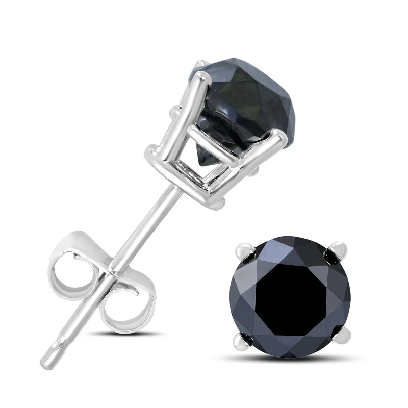 geometric onyx stud necklaces-Marquee 1 Carat TW Round Black Diamond Solitaire Stud Earrings in 10K White Gold