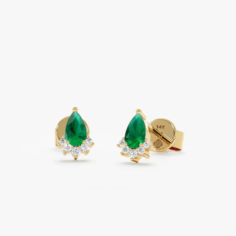 handmade coral drop earrings-Pear Cut Emerald Diamond Stud Earrings, Asel