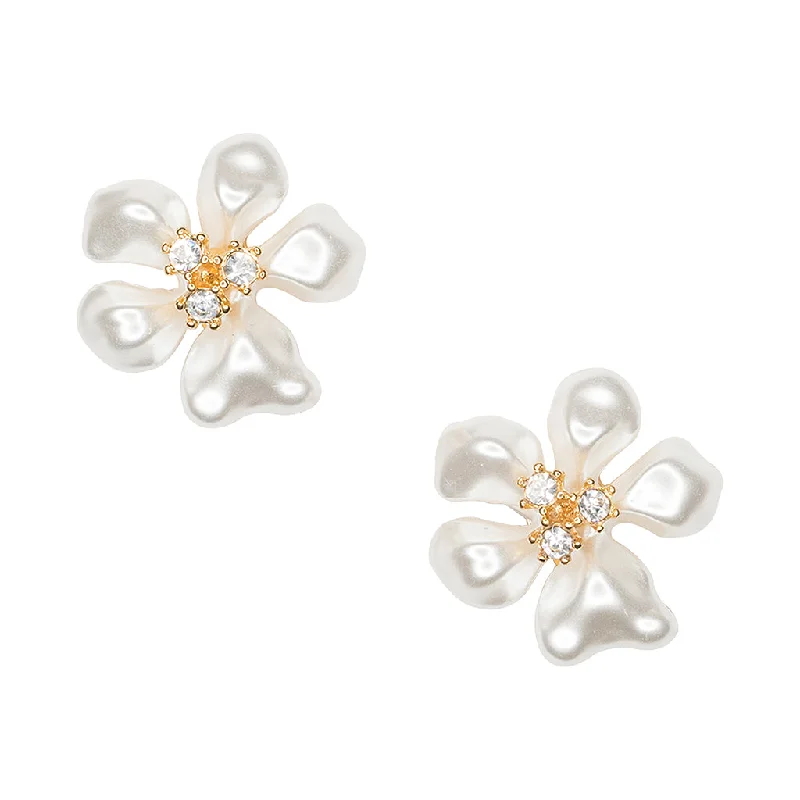 diamond star drop earrings-White Pearl Flower Clip Earrings