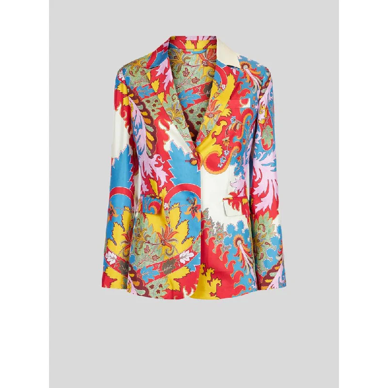 women’s slim culottes-Tailored Printed Silk Jacket