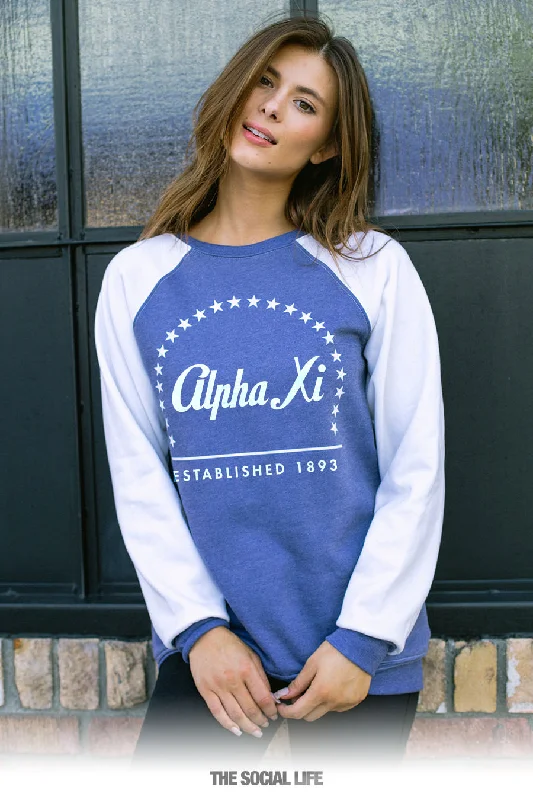 women’s shearling vests-Alpha Xi Delta Melrose Raglan Crewneck