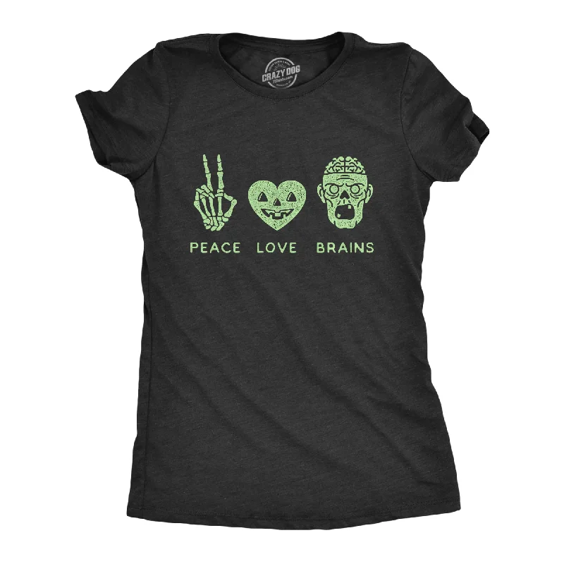 women’s plaid jackets-Womens Peace Love Brains Tshirt Funny Halloween Skeleton Zombie Graphic Tee