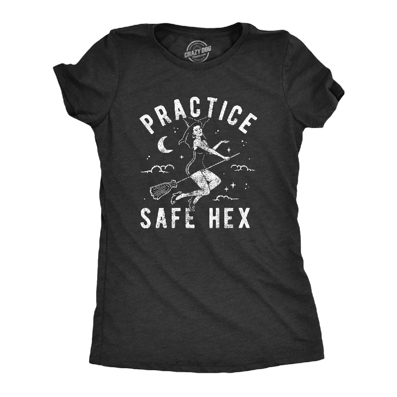 ladies tie-back blouses-Womens Practice Safe Hex Tshirt Funny Halloween Witch Safe Sex Sarcastic Graphic Tee