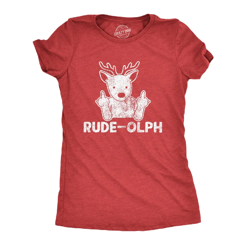 women’s training tees-Womens Rude-olph Tshirt Funny Christmas Rudolph The Reindeer Middle Finger Tee